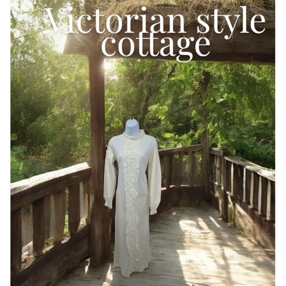 Vtg 70s Off White Cottagecore Dress Victorian Prairie Viole Boho Maxi Gown L/S - Picture 2 of 16